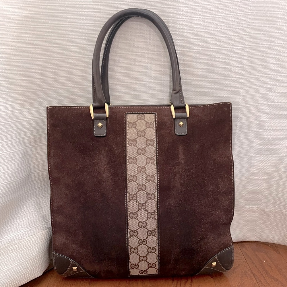 Gucci suede nailhead tote bag with COA